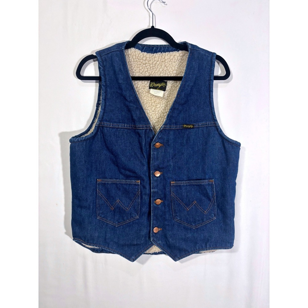 Vintage Retro Rugged Western Wrangler Sherpa Lined Denim Vest Women Size M Blue